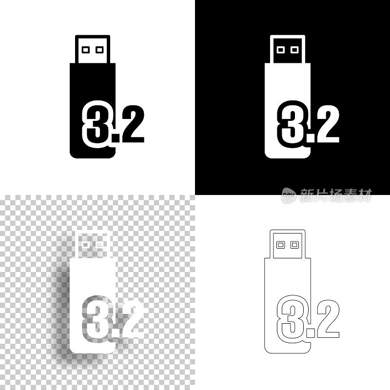 USB 3.2闪存盘。图标设计。空白，白色和黑色背景-线图标